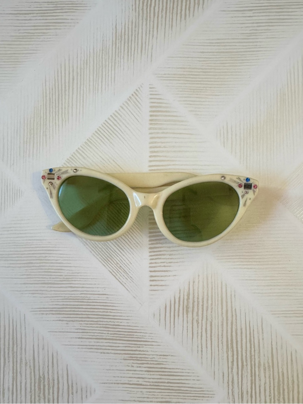 Vintage Cat Eye Sunglasses with Green Lenses and Crystal Accents